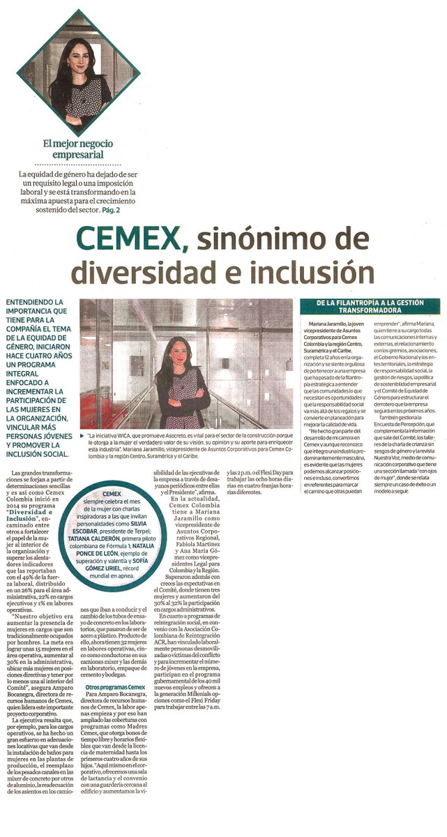 ¡CEMEX diversa e inclusiva! ❤️Los invitamos a leer esta nota de <a href="/Portafolioco/">Portafolio</a> de su Especial Women in Concrete Alliance (WICA), en donde hablan de nuestro esfuerzo por fortalecer el papel de las mujeres en nuestra empresa. #FamiliaCEMEX