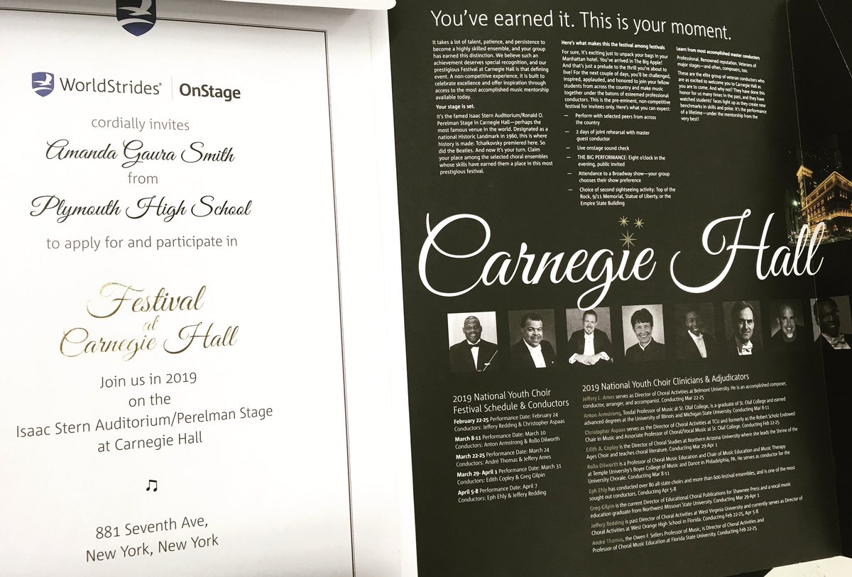 PlymouthChoir's tweet photo. It’s official: PHS choirs are invited, and will be performing at Carnegie Hall next spring in New York City! What an amazing opportunity! #carnegiebound #newyorktrip2019 #choirtrip https://t.co/7QeudmcFxt