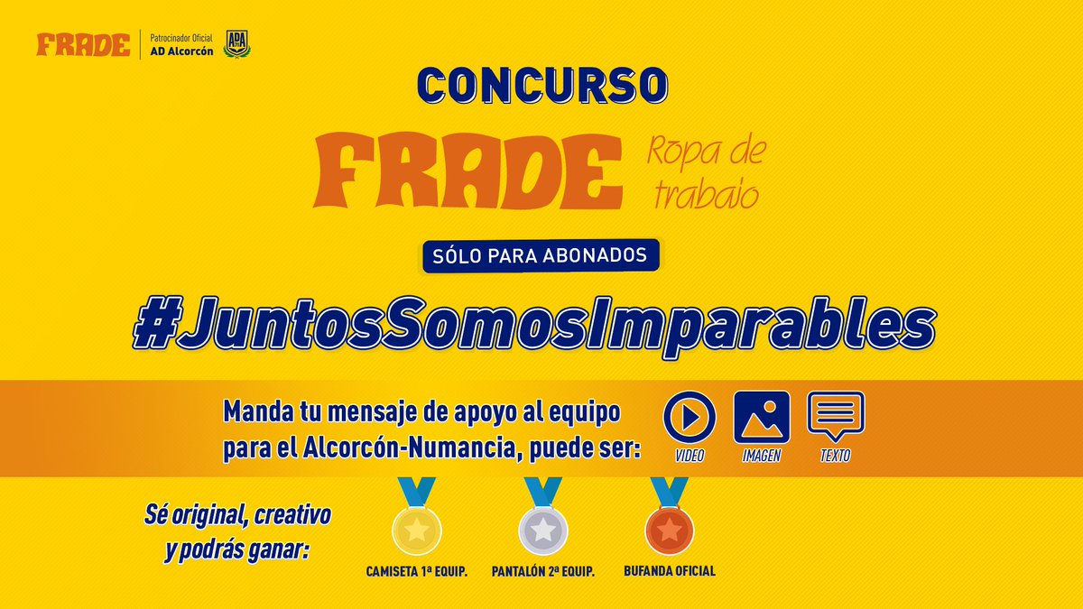 AD_Alcorcon's tweet photo. CONCURSO patrocinado por #RopaFrade | ¡Abonado! Manda tu mensaje de apoyo al equipo para el #AlcorcónNumancia usando el hashtag #JuntosSomosImparables y nombrando @AD_Alcorcon
3 premios en juego:
🥇 Camiseta amarilla
🥈 Pantalón negro
🥉Bufanda
ℹ️➡️https://t.co/QjJsSziTrn https://t.co/sGIddQB6GS