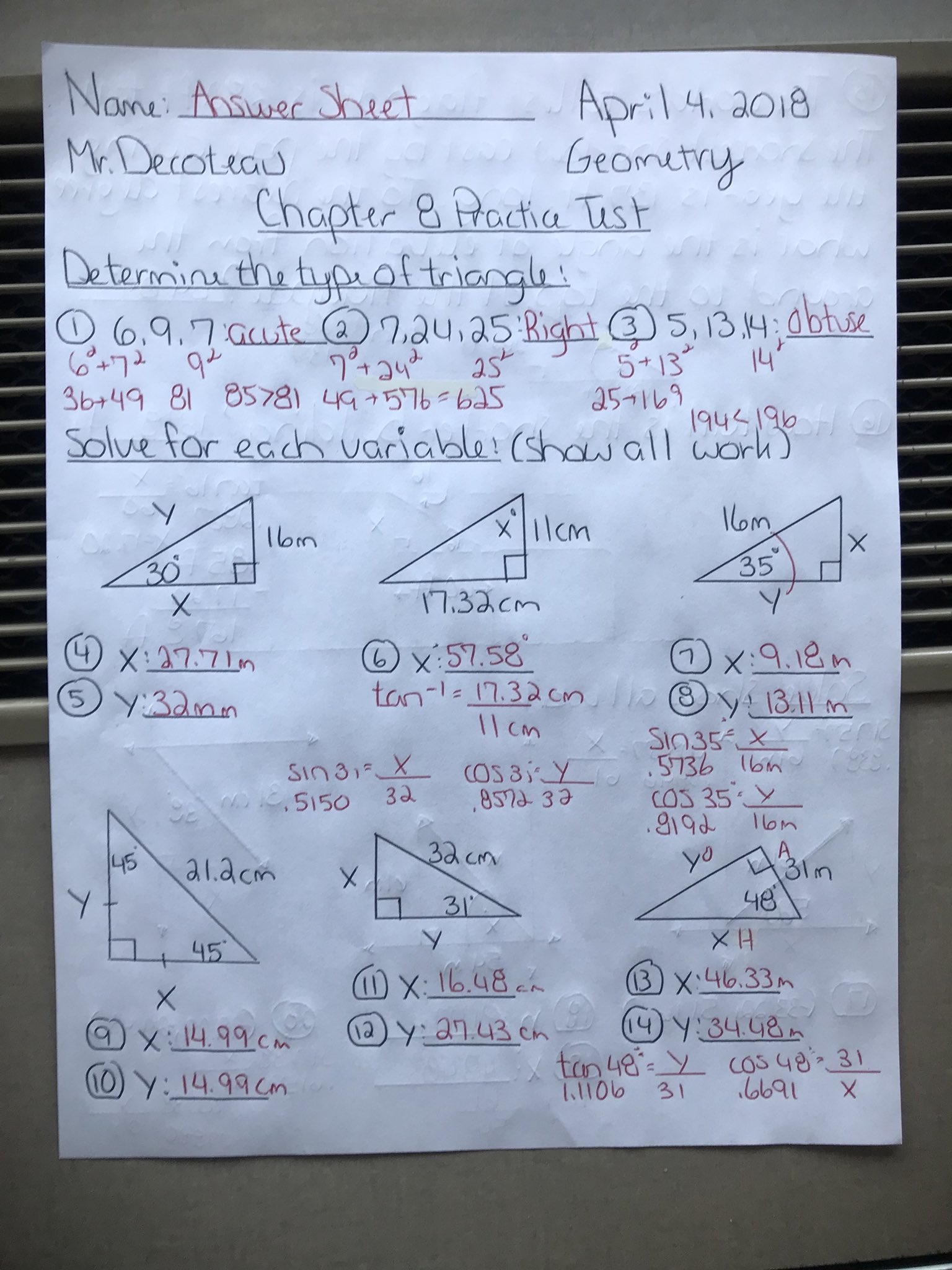 Mr Decoteau On Twitter A And G Geometry Answer Sheet To The Chapter 8 Practice Test The Test Is Scheduled For Tomorrow