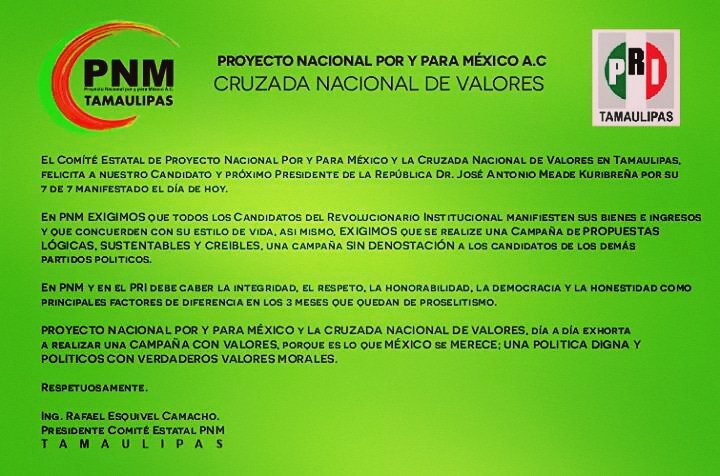 PNM_TAMAULIPAS's tweet photo. Por una campaña con #Valores, hacemos nuestra exhortación a l@s candidat@s @JoseAMeadeK @YahleelAbdalaC @AlexGuevaraC @CopitziYesenia @PNM_Oficial @PRI_Nacional @scguajardo @Dario_SuaMen @Rafa_EsquivelC https://t.co/U8kUvulbKR