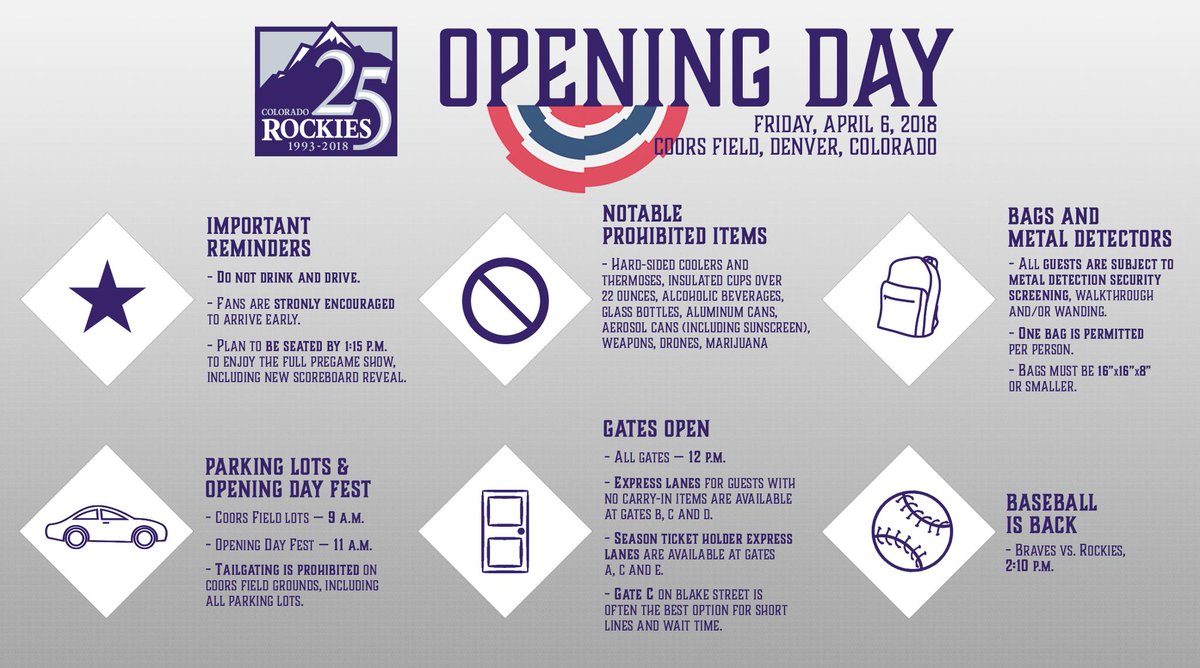 Rockies's tweet image. Tomorrow is #OpeningDay!

As you prepare for the big day, please keep these policies, times and suggestions in mind. #Rockies25th