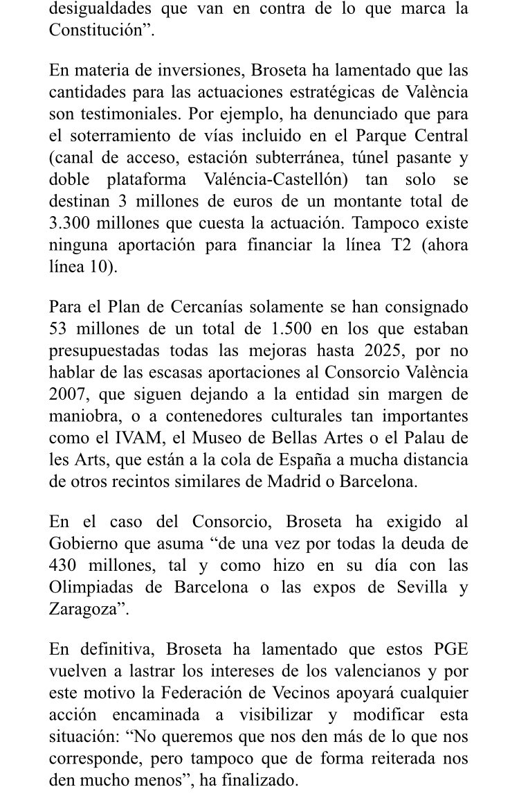 FedVeinalVLC's tweet photo. La Federación de Vecinos considera los Presupuestos Generales del Estado inceptables y una burla a los vecinos y vecinas de València por situarnos a la cola en inversiones y dejarnos sin ayudas al transporte público metropolitano. Aquí, la nota de prensa 👇🏻👇🏻 https://t.co/imNCTFmIL9