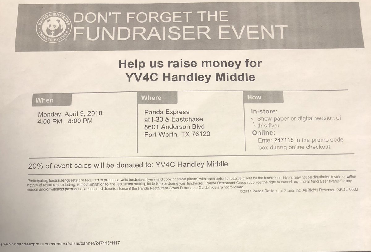 CoxumCounselor's tweet photo. On Monday, please help support Handley Middle School’s YV4C by coming to Panda Express 4-8PM. Please have this picture of the flyer or use the code to order below. Thanks in advance. @FWISD_HandleyMS https://t.co/EnziTA8No5