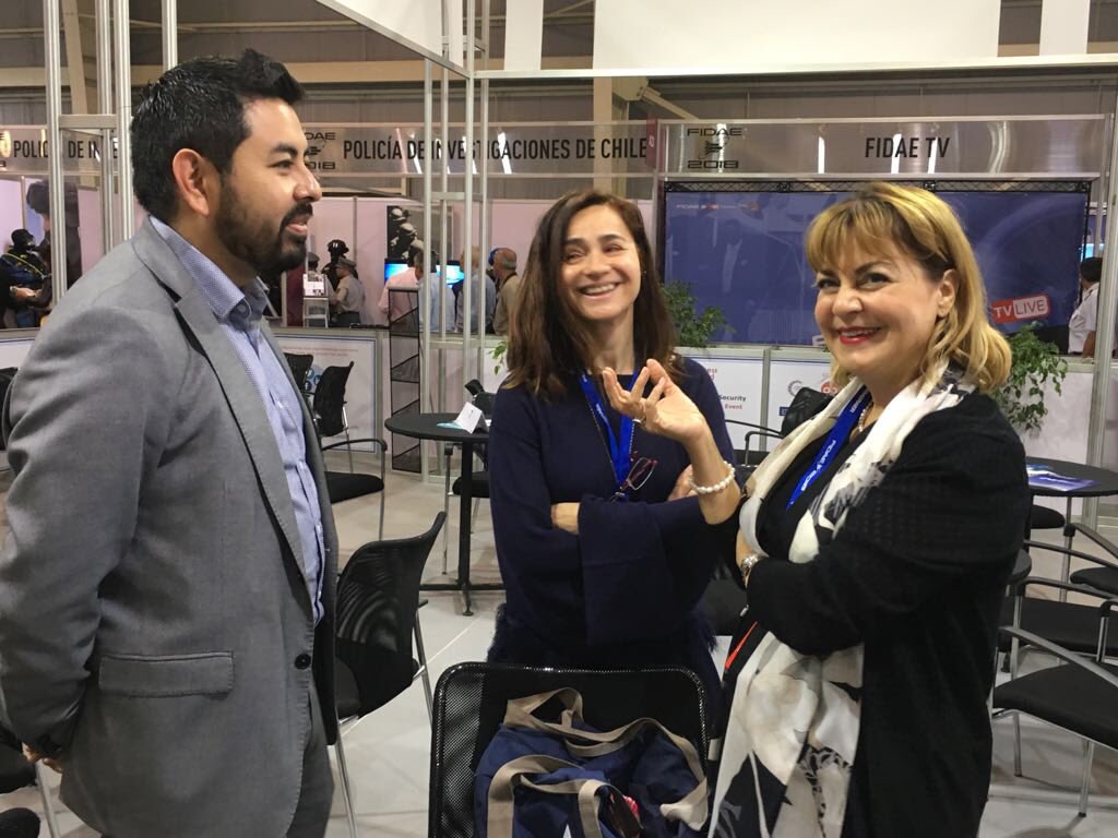 EU_BBB's tweet photo. .@UEenChile Ambassador Stella Zervoudaki at the #EUBBB stand at #FIDAE218 meeting w/ @earsc Monica Miguel-Lago and @Corfo Tadashi Takaoka. Follow Ambassador Zervoudaki’s steps and have your #aerospace matchmaking meetings at Hall A stand 53! https://t.co/9R505AJ9Pg