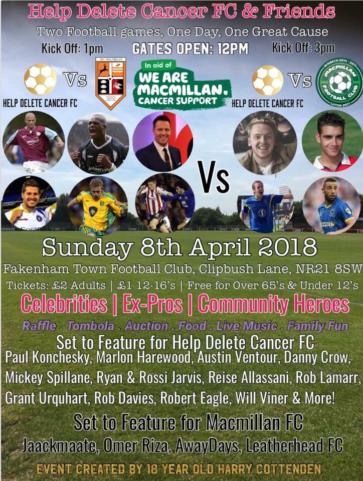 RobLamarr's tweet photo. I’m heading home to #Norfolk to play for @DeleteCancerFC 
this Sunday 8th April 
At @fakenhamtownfc in aid of @macmillancancer 
I’ll be playing alongside @konch3 @Mazer_9 and many more. 
Tickets are £2 for Adults 
Hope to see you all there! https://t.co/ybYDn52rpx