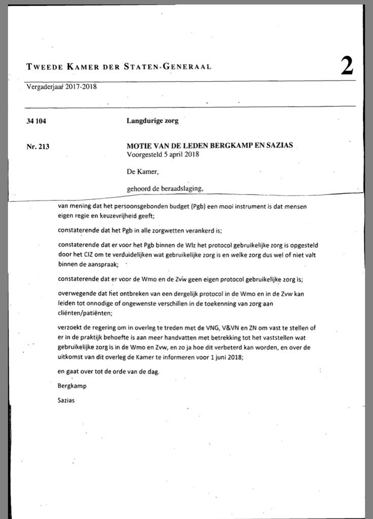 Deze motie met <a href="/LeonieSazias/">Léonie Sazias</a> ingediend over #gebruikelijke zorg (behoefte in praktijk aan handvatten in Wmo &amp; Zvw). Dit naar aanleiding oa van gesprek met <a href="/Iambassadeur/">Iambassadeur</a>. tweedekamer.nl/downloads/docu…