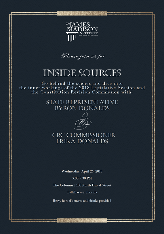 JmsMadisonInst's tweet photo. You're invited! Join us on April 25th for an evening with husband and wife duo Rep. Byron Donalds and CRC Commissioner Erika Donalds, who will discuss the details of the #2018LegislativeSession with us! Read more about the event here: https://t.co/JtNOb3Qnyc #sayfie https://t.co/dbhvQuTmPW