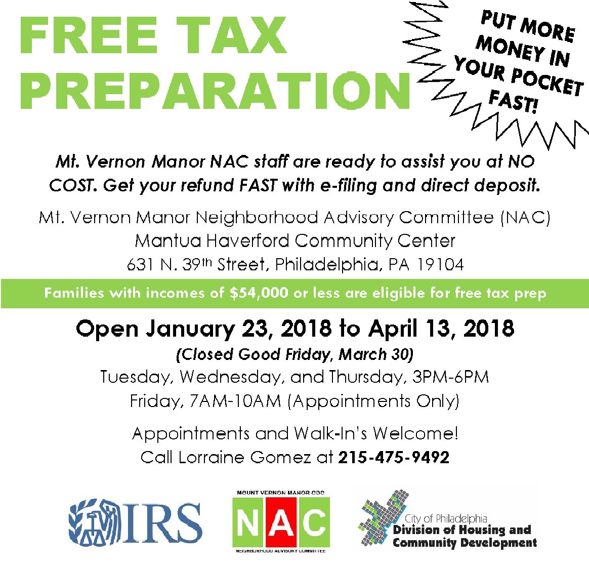 Tax season is almost over! If you still need to file, consider turning to MVM's free tax preparation service. Certified preparers are available Tuesday, Wednesday, and Thursday, from 3-6PM until April 17th. Have questions? You can call us at 215-475-9492.