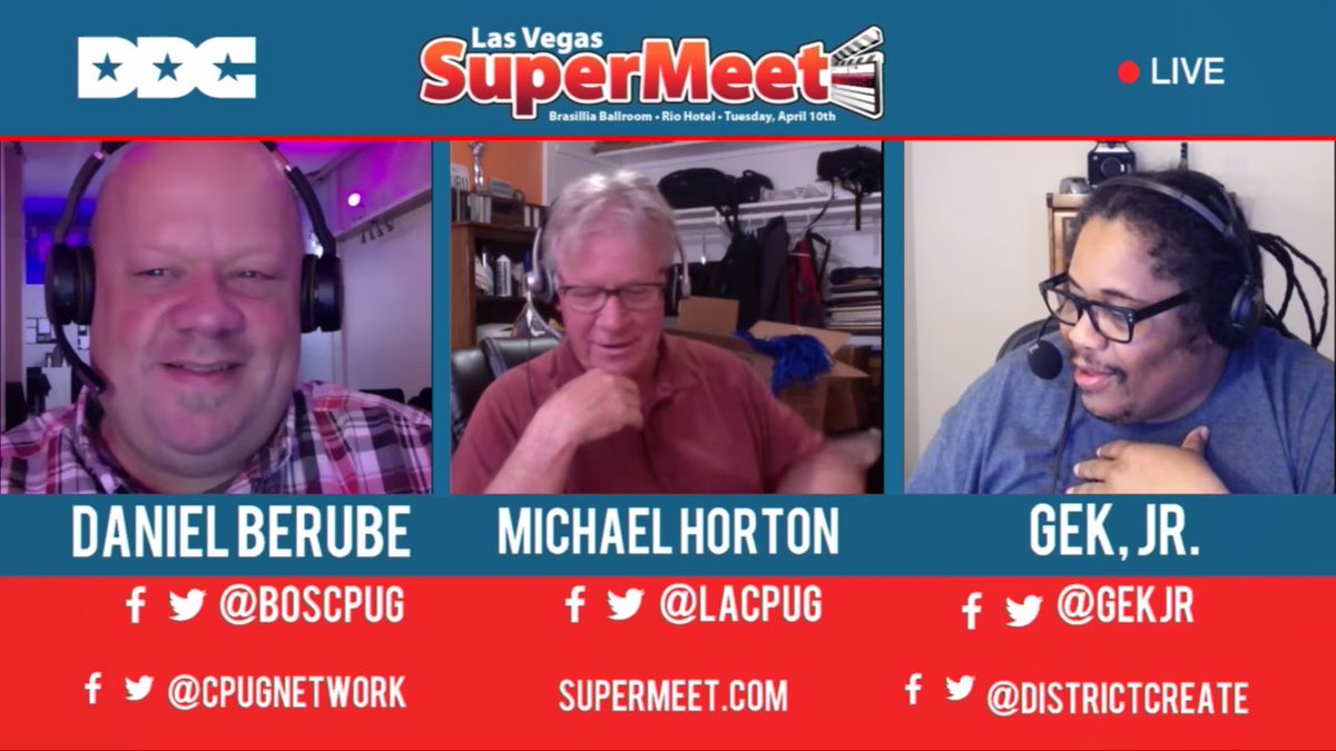 gekjr's tweet photo. #DDCLive Pre - @NABShow conversation w/ the @CPUGNetwork #Supermeet Team. Shoutout to @newbluefx #TitlerLive3Broadcast in use in @Wirecast for @districtcreate live, just scratching the surface of it's power building this 3 shot frame. https://t.co/IA5Xnz6Qd0 https://t.co/GXjsgP6BRh