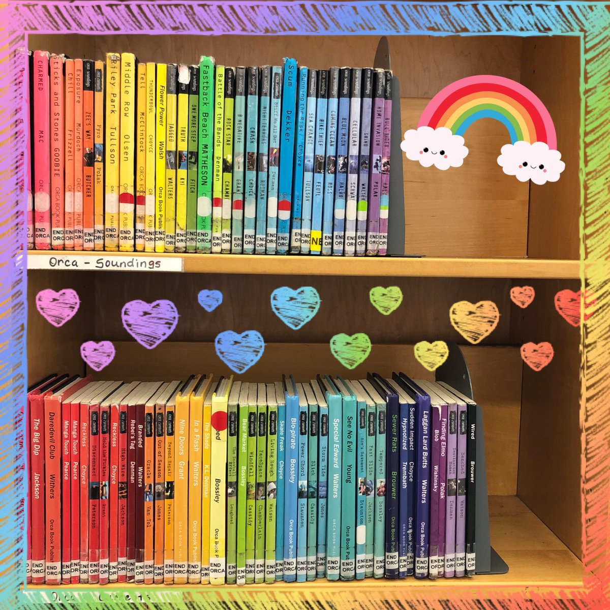 BairdMSLibrary's tweet image. Someone arranged the #orcasoundings books! #rainbowbookshelf