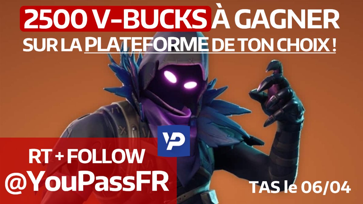 YouPassFR's tweet photo. #ConcoursFortnite
2500 V-BUCKS à gagner sur la plateforme de ton choix !

🎁 RT ce tweet + Follow @YouPassFR pour participer 🎁

Tirage demain en fin d’après-midi (06/04)
Mettez moi le 🔥 à ces RT https://t.co/raBOxftvDu