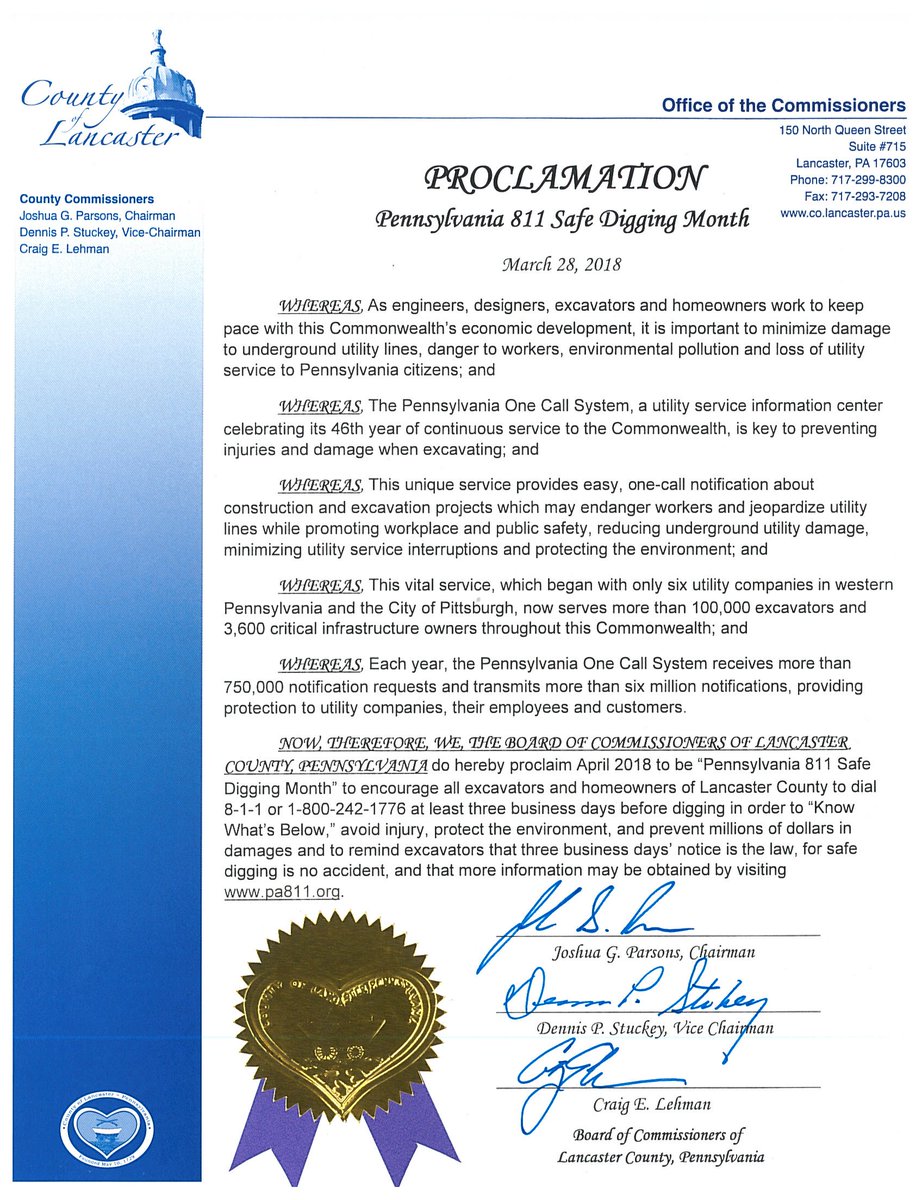 Pennsylvania811's tweet photo. Thank you to Lancaster County Commissioners Joshua Parsons, Dennis Stuckey and Craig Lehman for designating April 2018 as "Pennsylvania 811 Safe Digging Month". We appreciate your support. #811PAProclamations #Call811 #NSDM #811Partners https://t.co/aRvdcBc584 https://t.co/cmPUeYRqpW