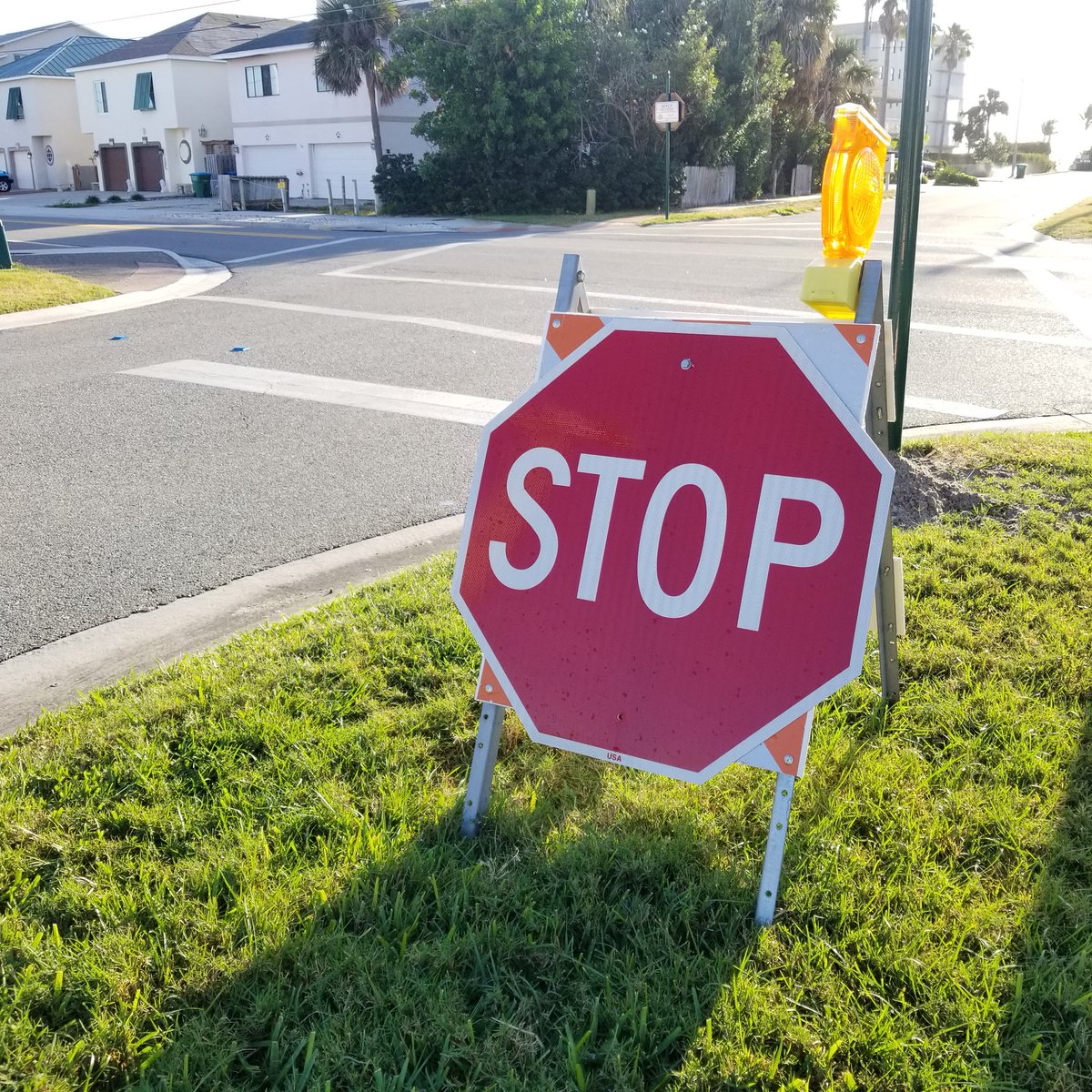 CapeCanaveralFL's tweet photo. Steve from Public Works is back on the streets today, so keep an eye out for him! He may be in your neighborhood replacing street signs soon. This is an ongoing project, and the completion date is unknown. Temporary STOP signs may be placed on barricades overnight. #irmarecovery https://t.co/npH5JR1Wld