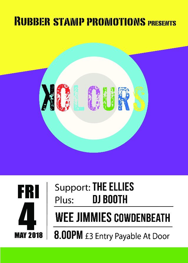 rubberstampprom's tweet photo. @KoloursBand, @TheEllies1 &amp; @dj_booth81 at Wee Jimmies Cowdenbeath 04/05/18. Using the downstairs lounge for this one! 8pm - 1am. Entry £3. https://t.co/8ktqai83qm