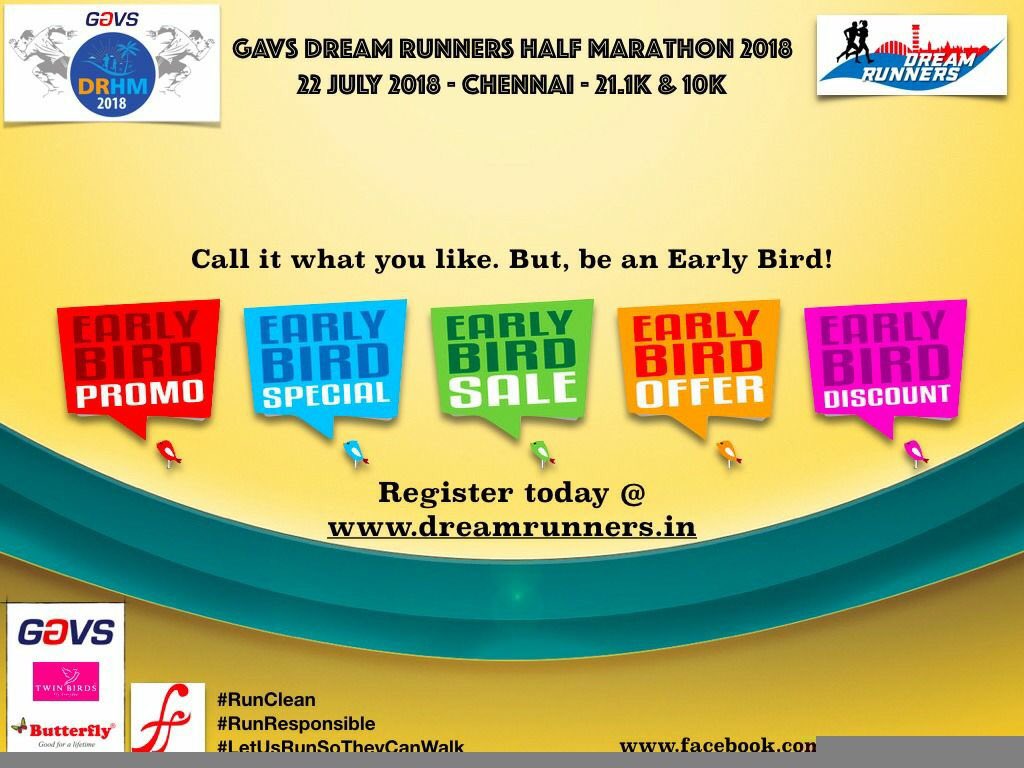 DRHM_Chennai's tweet photo. Avail the Early Bird Discount and register right away for every runners' favourite event #GAVSDRHM2018 !! 

Register @ https://t.co/rFbG5TehAx 

#LetUsRUNsotheycanWALK
#RunResponsible
#RunClean

#DreamRunners 
#FreedomTrust 
#GAVS
#TwinBirds 
#Butterfly https://t.co/nq0cydTslh