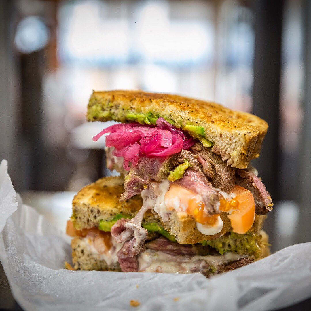 HighStSoc's tweet photo. Two of our specials this week. Be warned, they're messy but totally worth getting them down your clothes! We have a grilled steak sandwich with baconaise, avocado and house pickle and Buffalo chicken burger with blue cheese and ranch dressing. 😜 https://t.co/njFbF4gGms