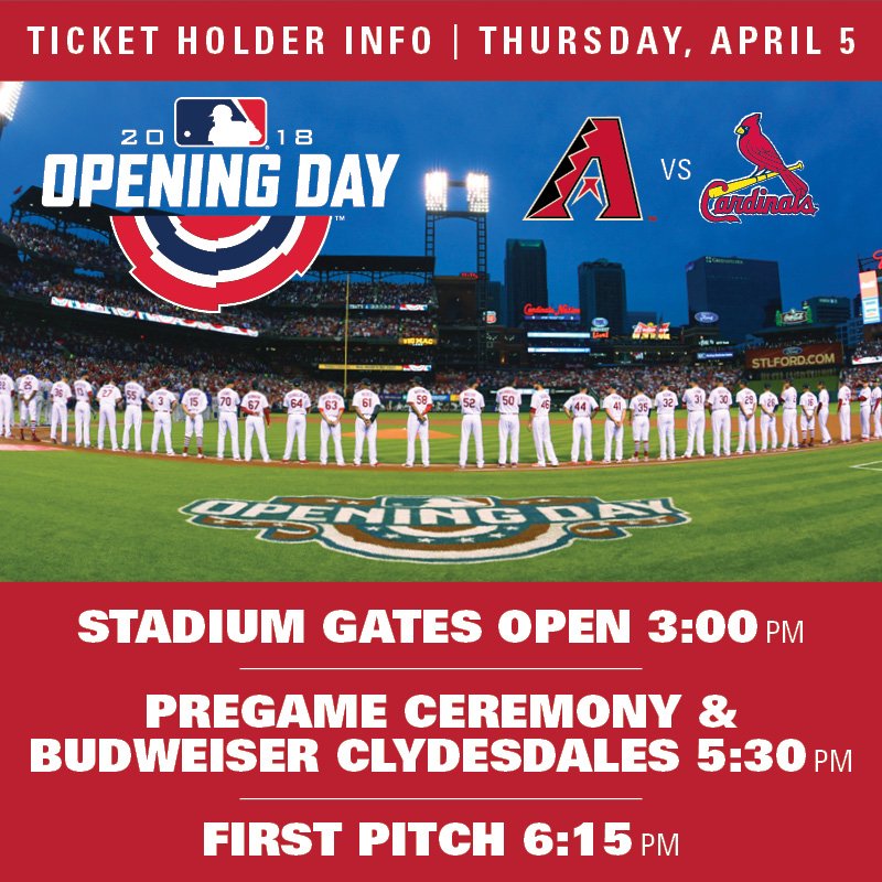 Cardinals's tweet photo. Coming to Busch Stadium for #OpeningDaySTL? We can't wait to see you! 

🚪: 3 p.m.
🐴: 5:30 p.m.
⚾: 6:15 p.m. https://t.co/LXTyhaCYEq
