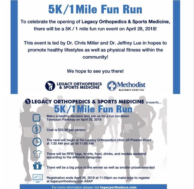 drcrmillertime's tweet photo. Are you excited for the Legacy Orthopedics 5K and fun run? We are and we hope to see you there! https://t.co/ysFNkerBSP