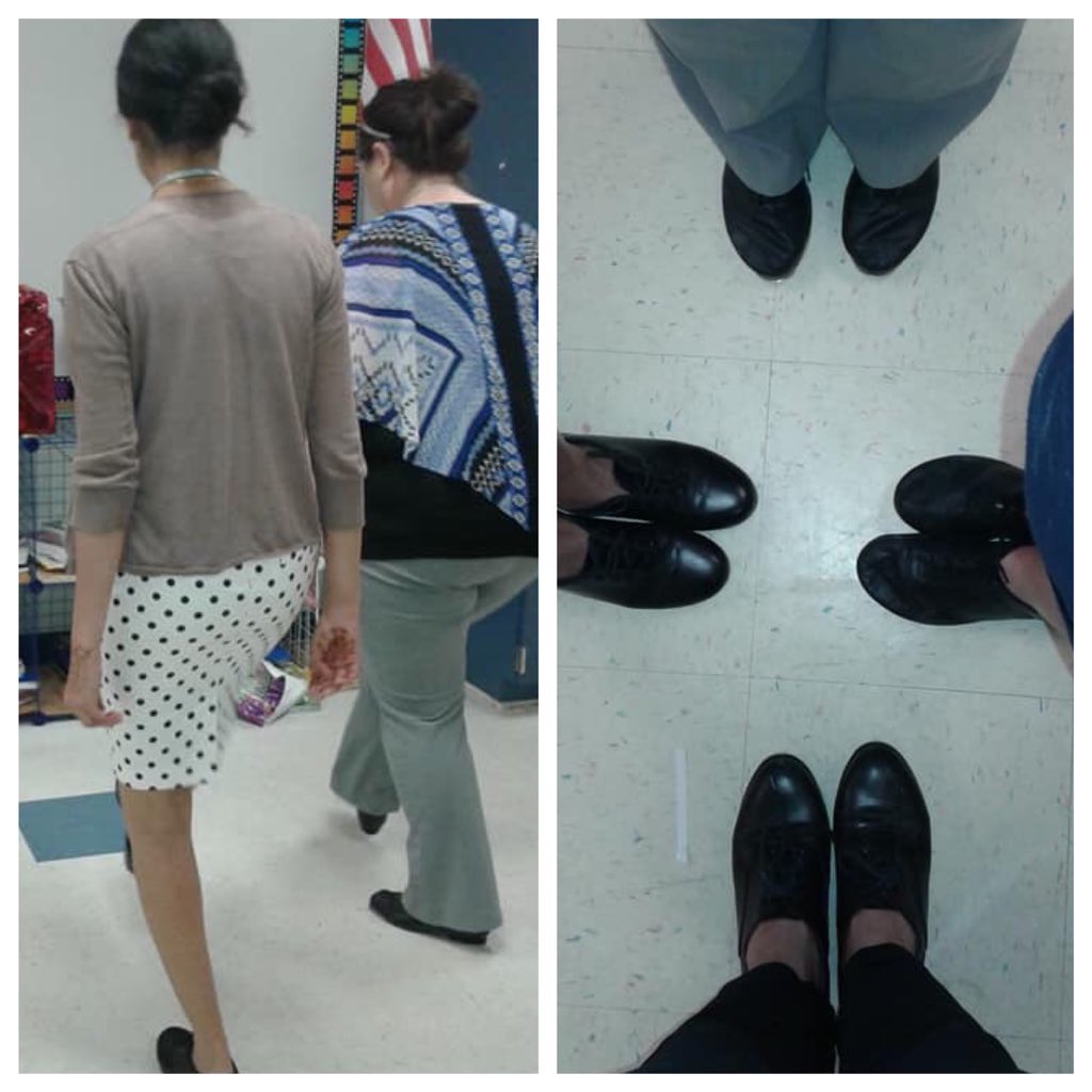 KStern722's tweet photo. Some teachers eat lunch during lunch time..some dust off their tap shoes and time step down the hallway. FSA Rally practice!! We don’t take performing lightly 😂 @Sandpiper675  #always4kids https://t.co/vYStjAC7Qk