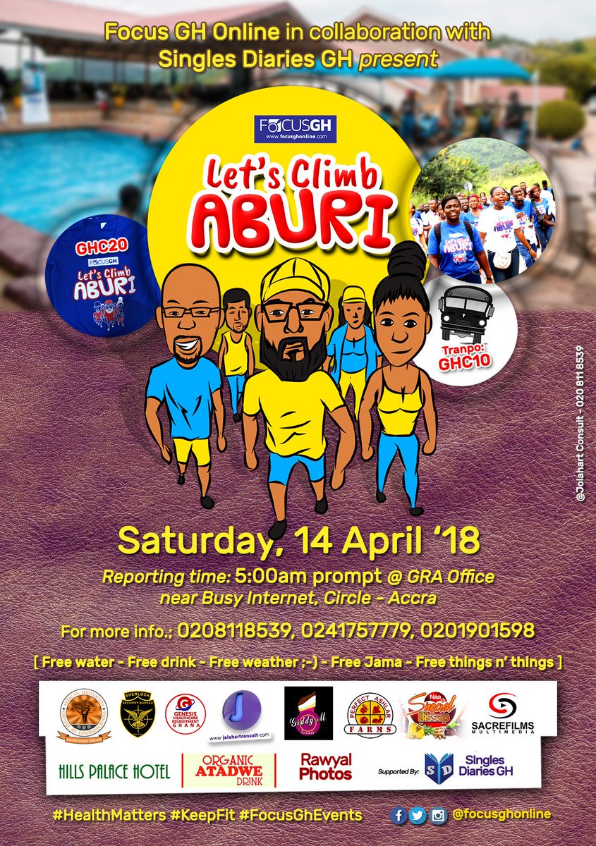 focusghonline's tweet photo. #LetsClimbABURI
[ Singles &amp; Couples Edition ]

14 April  //  5am - 3pm

👕 = GH¢20  🚌 = GH¢10 [ MM 054 326 2211]

For more info.; 020 811 8539, 024 175 7779, 020 190 1598

#HealthMatters #KeepFit #Relationships

Event Powered by @Focusghonline #FocusGhEvents https://t.co/Z4cA0IGW8I