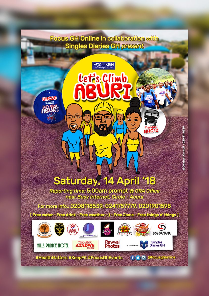 focusghonline's tweet photo. #LetsClimbABURI
[ Singles &amp; Couples Edition ]

14 April  //  5am - 3pm

👕 = GH¢20  🚌 = GH¢10 [ MM 054 326 2211]

For more info.; 020 811 8539, 024 175 7779, 020 190 1598

#HealthMatters #KeepFit #Relationships

Event Powered by @Focusghonline #FocusGhEvents https://t.co/Z4cA0IGW8I