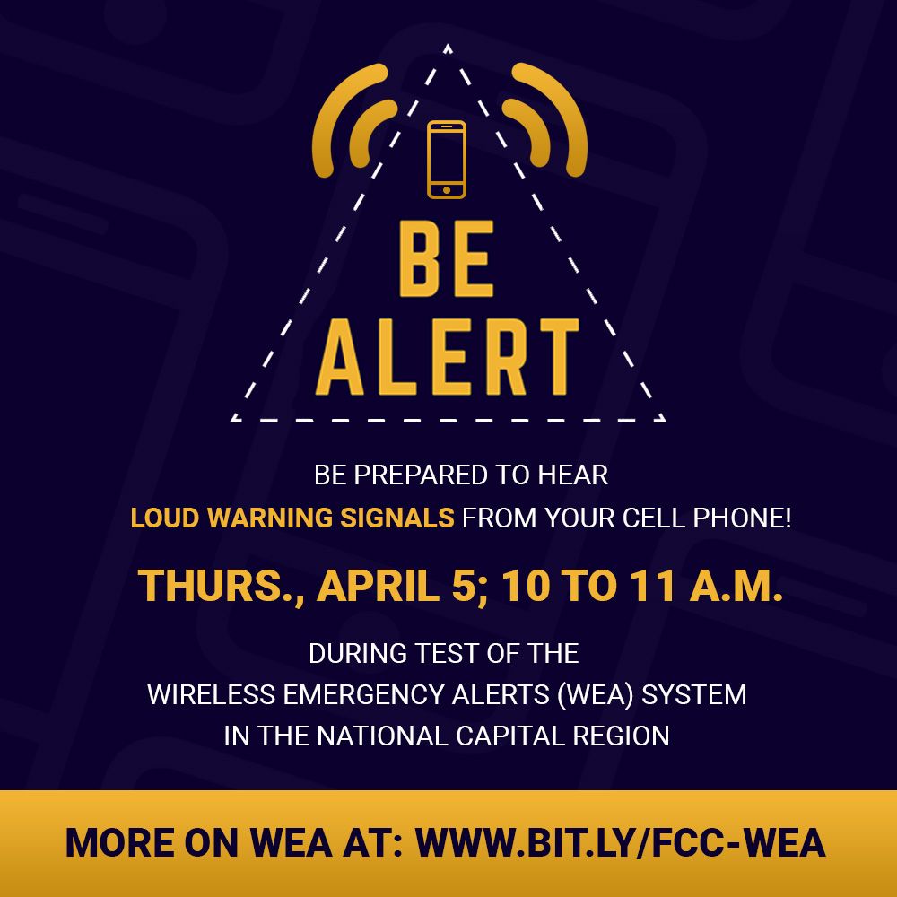 MontgomeryCoMD's tweet photo. Counting down to 10 a.m. test today of Wireless Emergency Alerts system. It's taking place in 20 local jurisdictions &amp; expected to reach 5.2 million people in Metro-area. Take a moment to learn more and see all the locations participating at: https://t.co/7D9veV2bpw #NCRWEA https://t.co/wZa5QjUWUg