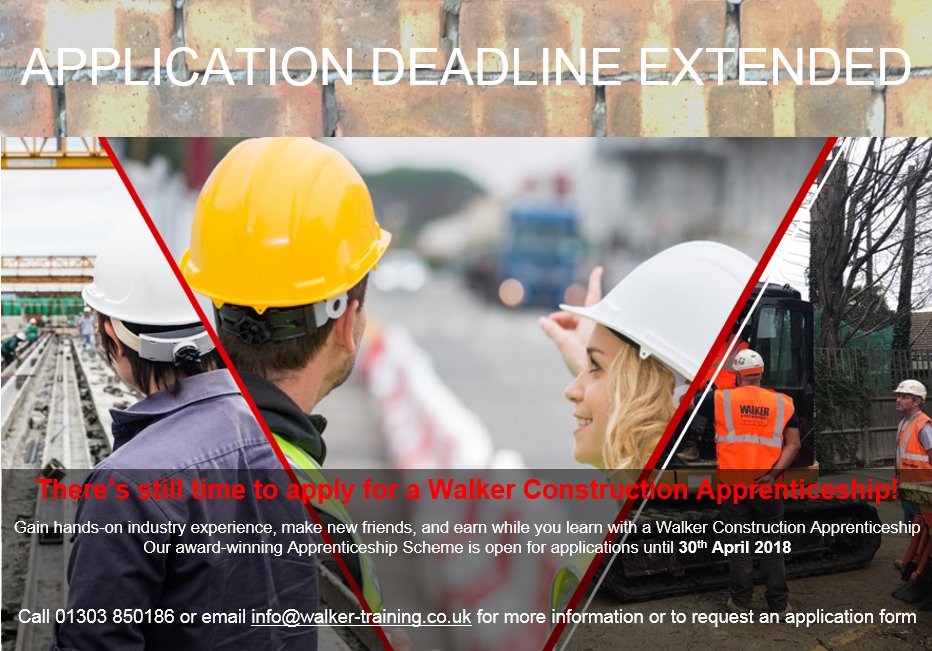 WalkerTraining1's tweet photo. Deadline extended for the @walkerltd Apprenticeship Scheme 2018!
Call 01303 850186 or email info@walker-training.co.uk for more details

#apprenticeships #careersinconstruction #apprenticeship2018 #walkerconstruction https://t.co/cmDPBC4h7q