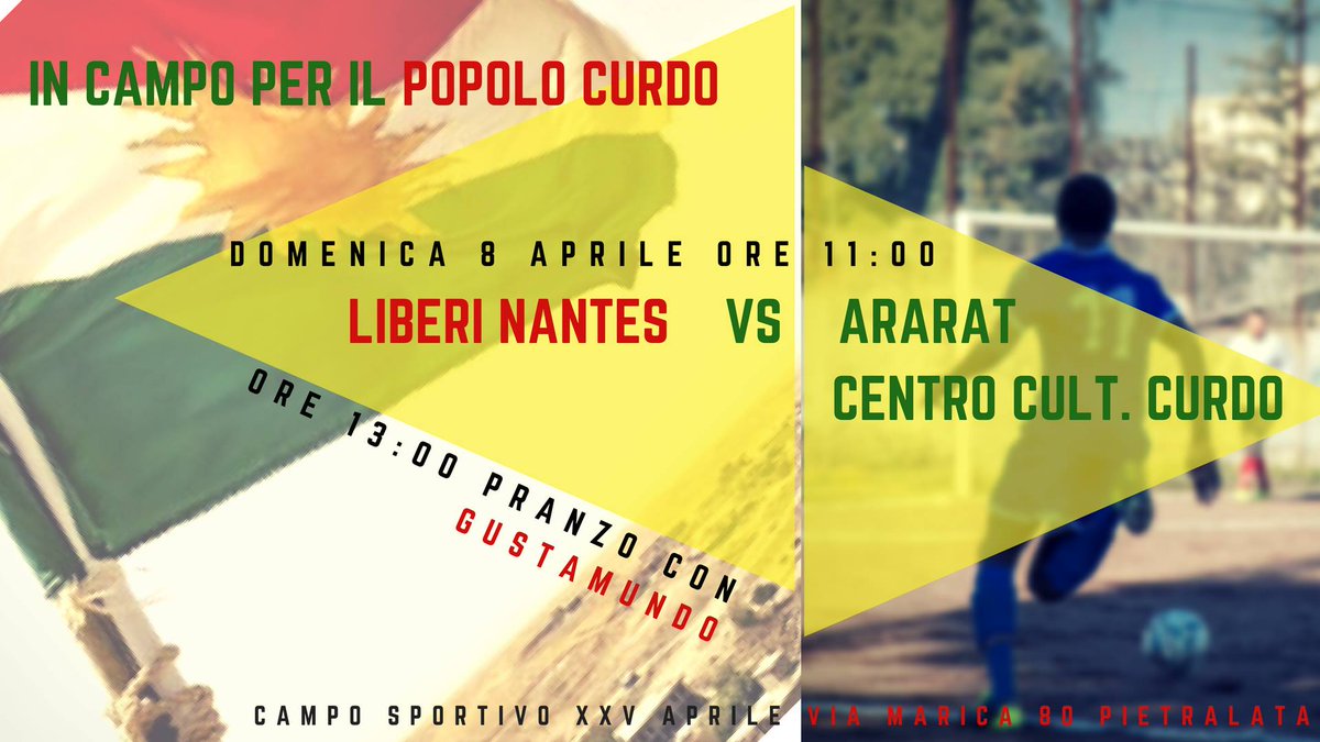libnantes's tweet photo. Domenica scendiamo in campo per manifestare la nostra vicinanza al popolo #curdo. #LiberiNantes incontra la squadra di #Ararat, centro socio culturale curdo, in una partita amichevole che si terrà al #CampoXXVAprile di #Pietralata.
Dalle 13, pranzo sociale curdo con #Gustamundo https://t.co/QmomxbJ22h