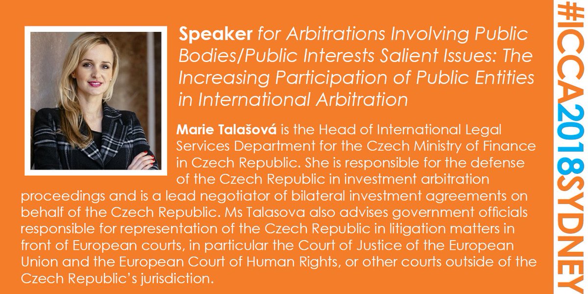10 days to go! Introducing the first Speaker for the panel on the increasing participation of public entities at #ICCA2018Sydney: Marie Talašová. For the full preliminary programme and Congress registration details visit: icca2018sydney.com. #MeetTheSpeakers