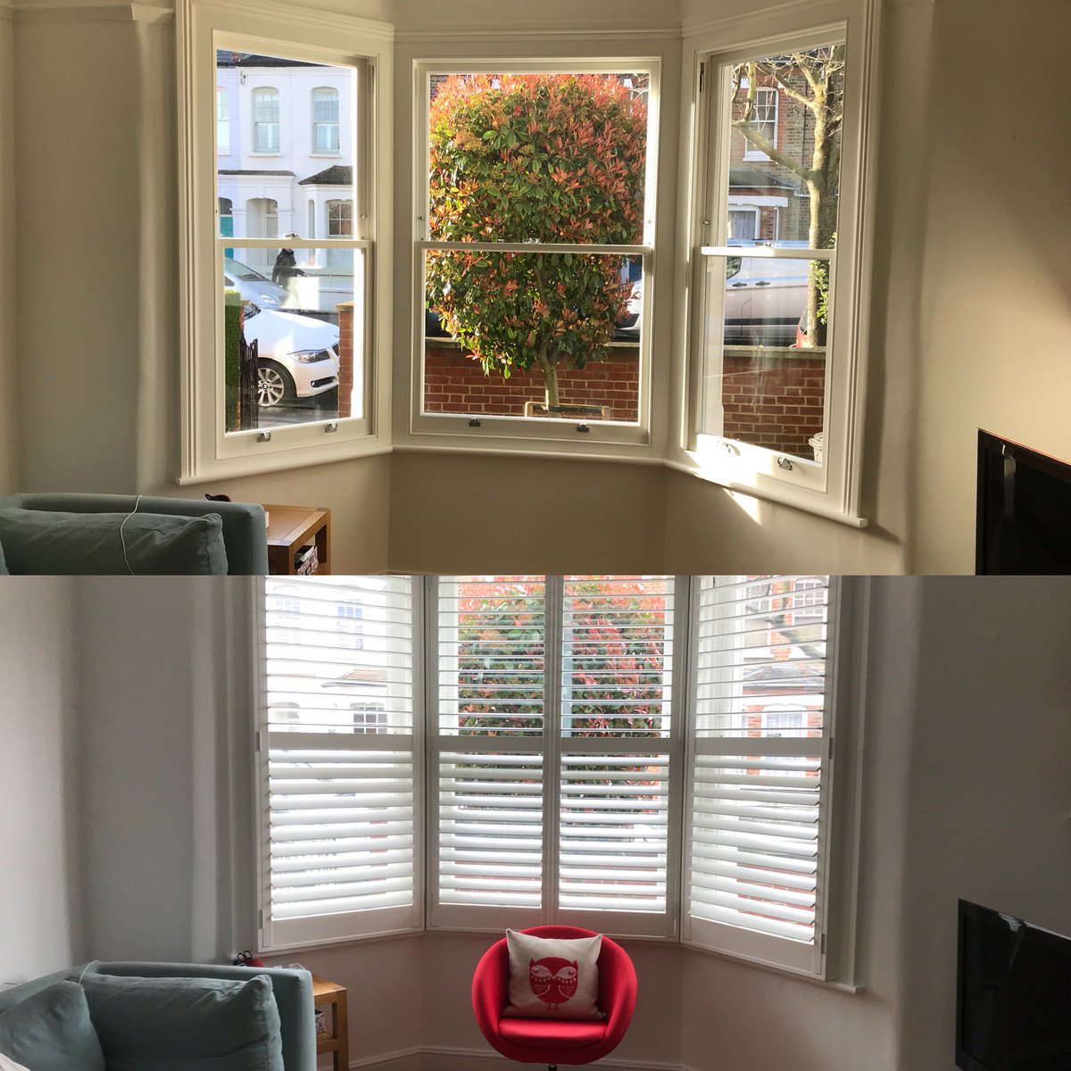 ssshutters's tweet photo. A few before and after pics from yesterday’s John Lewis client. Made a decent feature of both bays whilst serving there purpose. #plantationshutters #woodenshutters #bayshutters #sashshutters #fullheight #privacy #johnlewis #lightcontrol #design #survey #supply #install https://t.co/S3zLun57pp