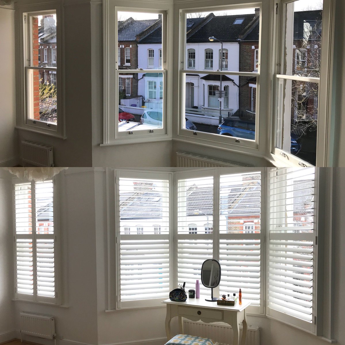 ssshutters's tweet photo. A few before and after pics from yesterday’s John Lewis client. Made a decent feature of both bays whilst serving there purpose. #plantationshutters #woodenshutters #bayshutters #sashshutters #fullheight #privacy #johnlewis #lightcontrol #design #survey #supply #install https://t.co/S3zLun57pp