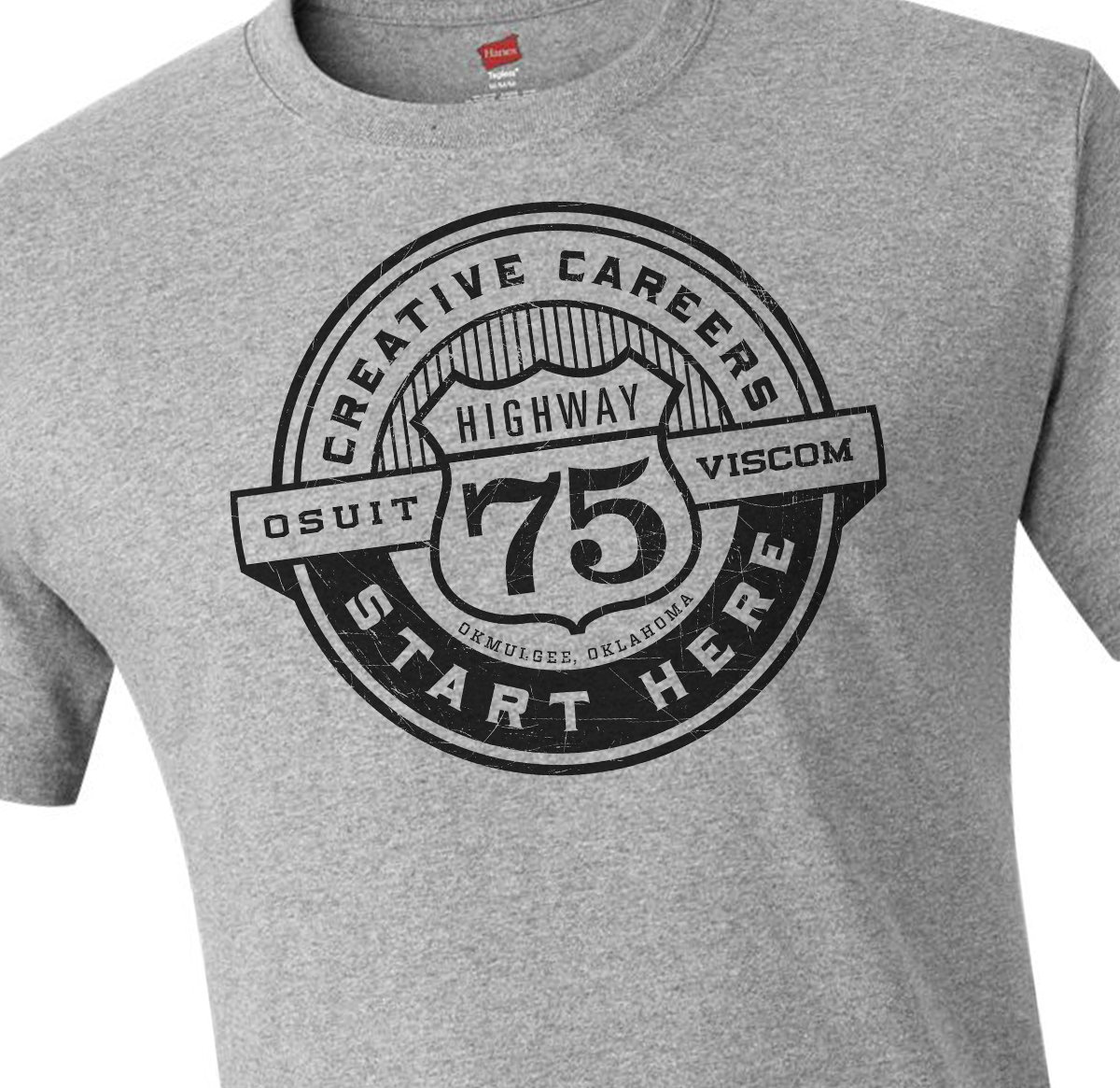 OSUITViscom's tweet image. Creative careers start by getting on Highway 75 and heading to Okmulgee. And if you&apos;re proud of where Highway 75 took you, this t-shirt design option is for you! Available only on Friday night at ARTPlus with your donation of $25 or more.
