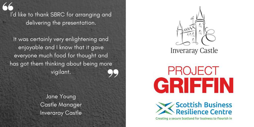 cyberfraudcen's tweet photo. Great feedback once again following delivery of Project Griffin CT awareness training to the team at Inveraray Castle. Empowering any and all business to have the confidence to act when it comes to suspicious behaviour and more #CTpolicing #ActionCountersTerrorism https://t.co/mB2B7xJqlS