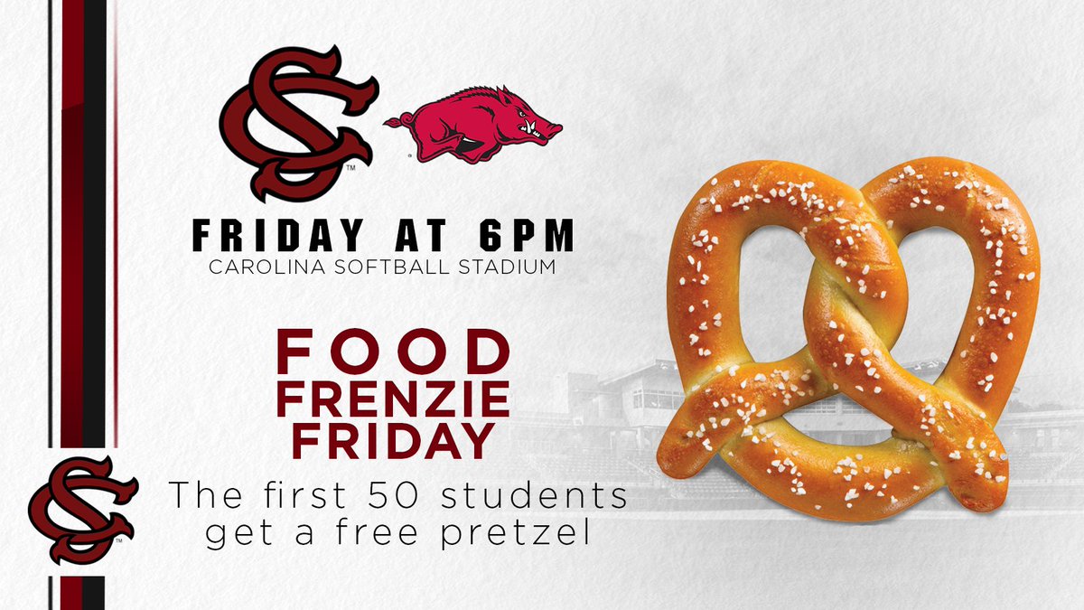 First 50 students <a href="/GamecockSoftbll/">South Carolina Softball</a> on Friday receive a FREE pretzel! #Gamecocks