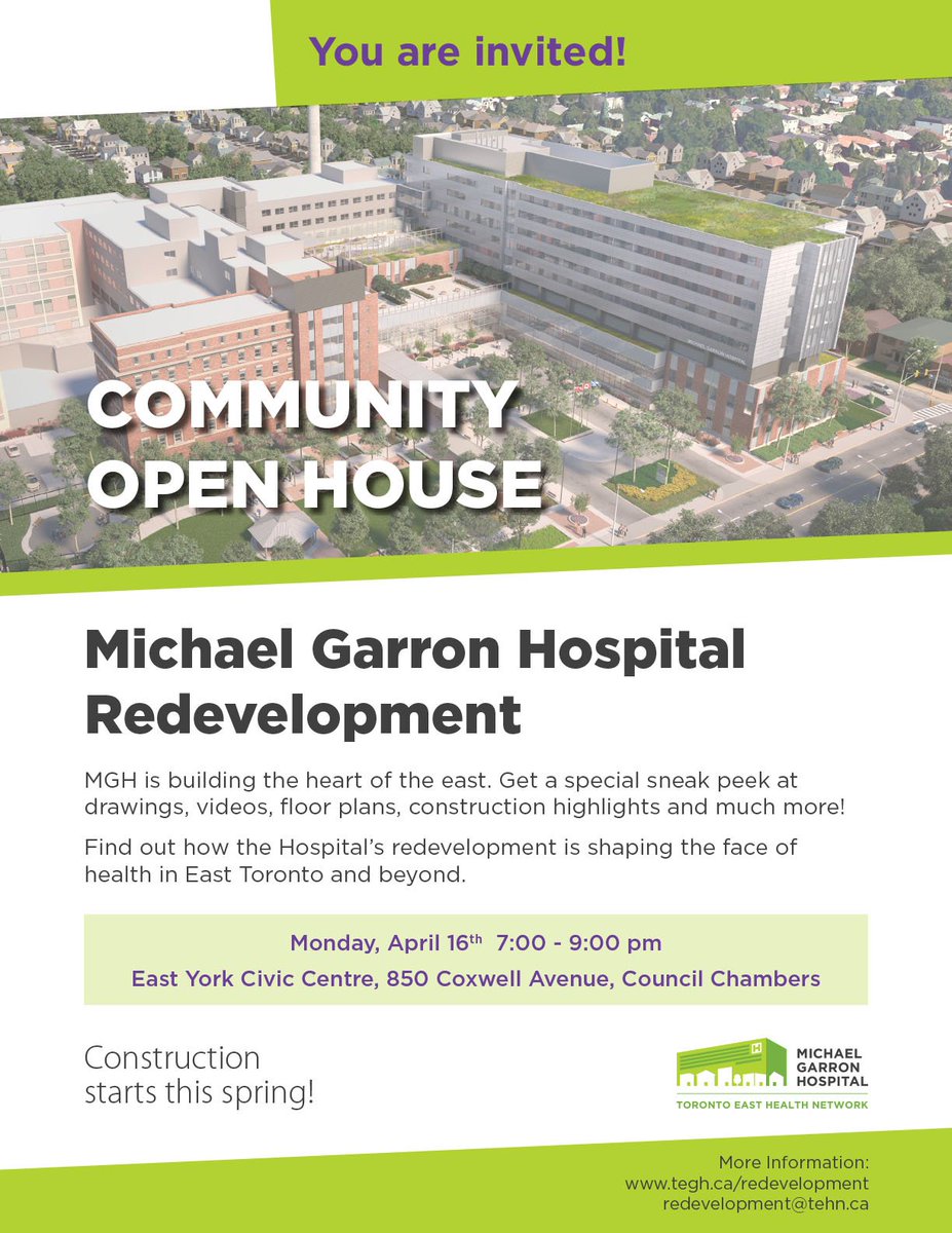 MGHToronto's tweet photo. SAVE THE DATE: On April 16 we’re hosting a Community Open House for our upcoming construction project. Get a sneak peek at the future of care at MGH and have your questions answered! https://t.co/9mr6997nXd https://t.co/j16uK1S4to