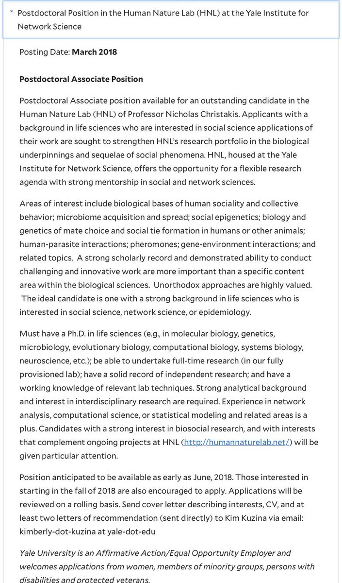 Post-doc slot in my lab at intersection of the biological, social, &amp; computational sciences (eg, microbiome, social epigenetics, behavior genetics, chemical signaling). "Unorthodox approaches are highly valued" in our friendly &amp; productive lab. Please RT. postdocs.yale.edu/yale-postdocto…