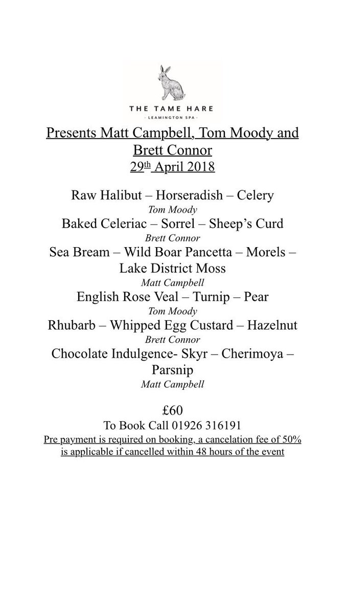 brett_connor198's tweet photo. We are back with another pop up!! And this time we’ve bought a friend! Proud to announce that @mCampbellCHEF will be joining @tmoody88 and myself on the 29th April @TheTameHare in Leamington Spa! £60 6 courses!! https://t.co/EjZadnkA9x