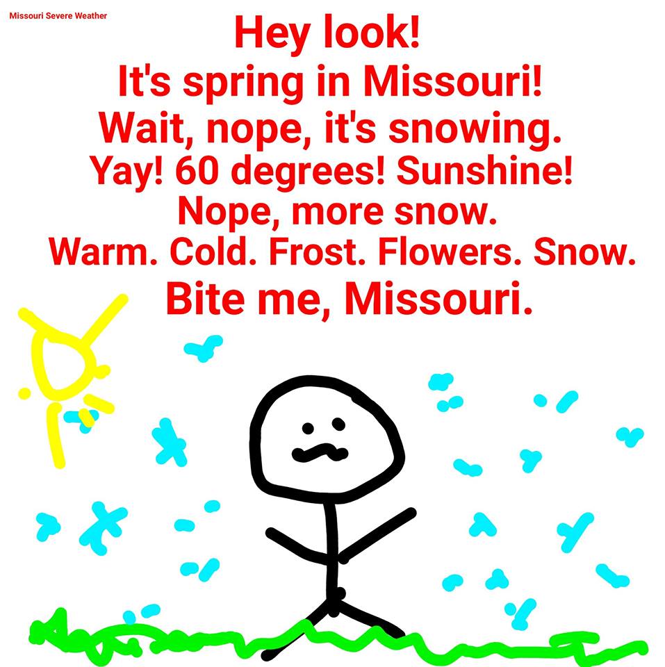 SpaceForceCad's tweet photo. 62 today, winter storm warning tomorrow. πβοΈβοΈπ
#Truth
#SpringInTheOzarks https://t.co/k1OtrreSHC