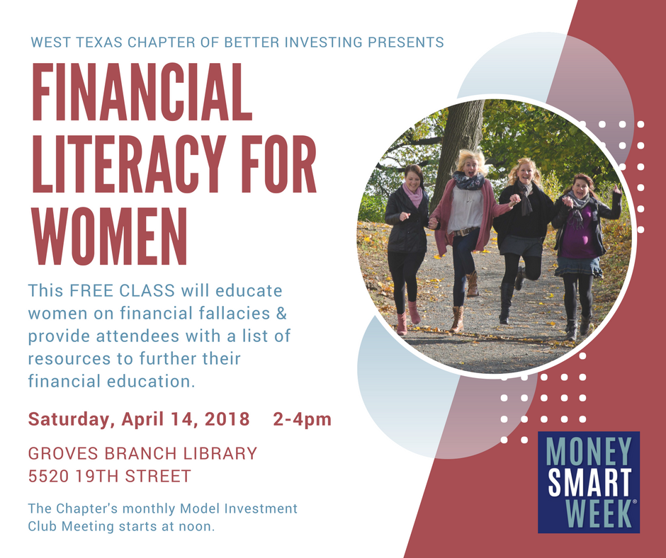 lubbocklibrary's tweet photo. In preparation for #moneysmartweek, #GrovesLIB is hosting a Financial Literacy Workshop for Women on Saturday, April 14th from 2-4pm. Contact the West Texas Chapter of Better Investing for more info. https://t.co/gnq6RWvGup
