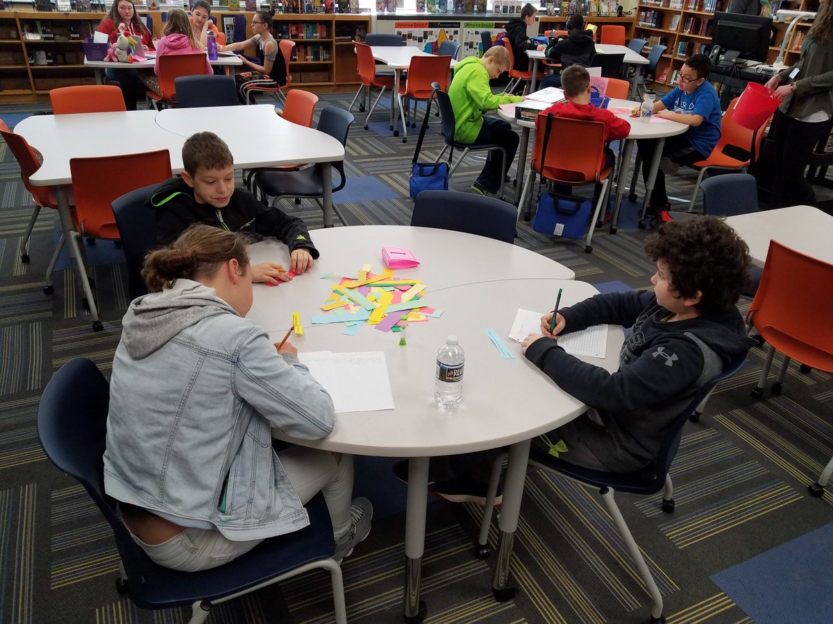 arbutuslibrary's tweet photo. Ms. Fultz and her iReady class are collaborating through a series of learning stations in the library today.  New vocabulary words are being used in creative writing stories written by each small group.  Authentic learning makes learning fun @ the AMS library! #bcpslms #slm18 https://t.co/3CrJGNLWzG