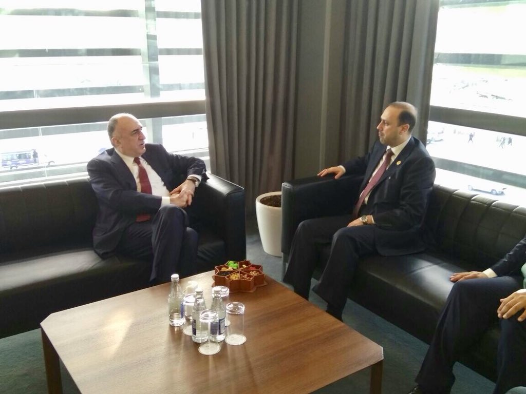 AzerbaijanMFA's tweet photo. Within #NAMBaku Ministerial FM Elmar #Mammadyarov received #Mahammad Al-Mumini, Minister of Information and Communication of #Jordan. Sides expressed satisfaction of relations btw our countries and reviewed regional affairs. #NAMBaku2018 https://t.co/5BzZsXfEsl