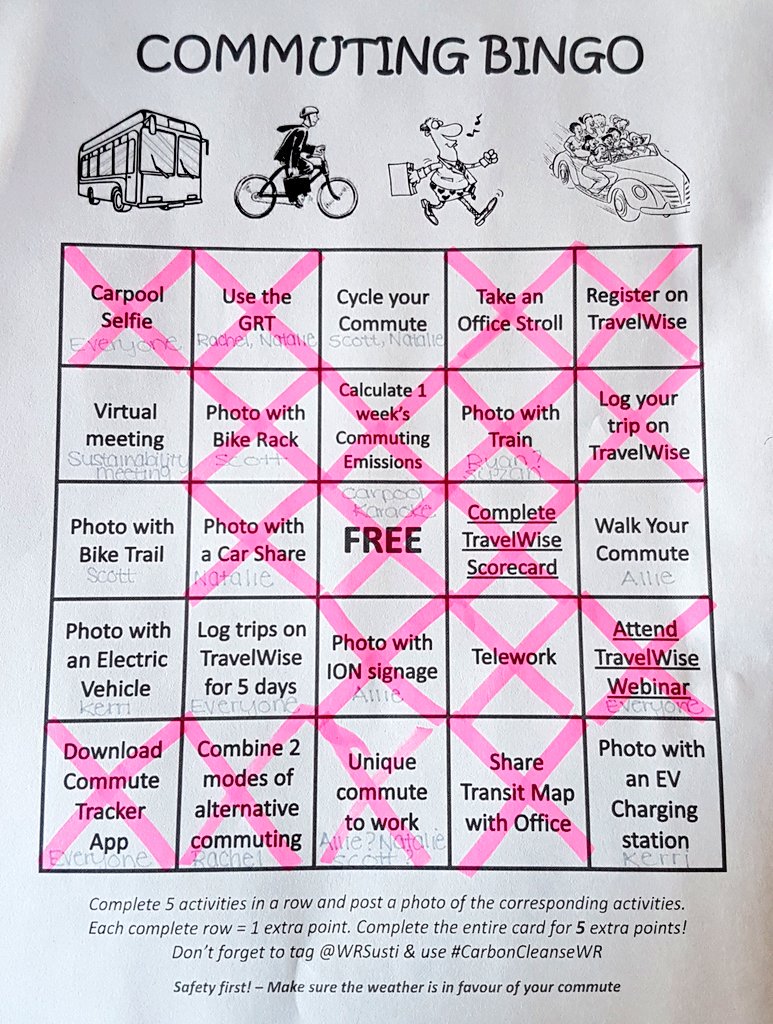 AETGroup's tweet photo. WOW! Our team is showing great initiative flying through the #CommutingBingo card. We love that we can contribute to #CleanAir while also having tons of fun with these tasks! Only a few more left! #CommutingWeek #CarbonCleanseWR @WRSusti https://t.co/tt0Q3Rq4x7