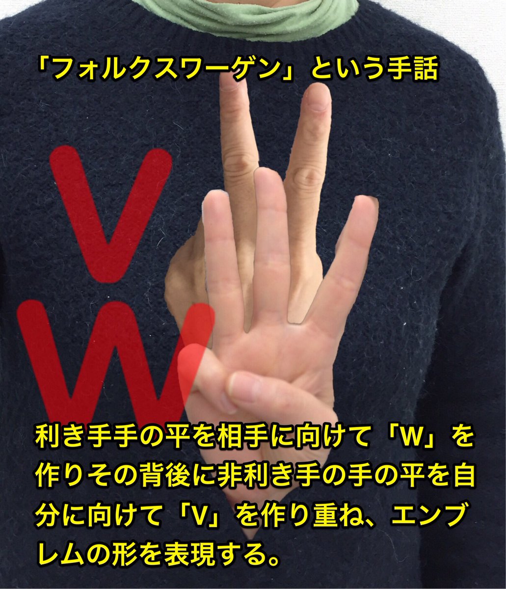 手話のマメ知識 フォルクスワーゲン Bmw という手話 日本式指文字アルファベット を組み合わせて社名 エンブレムとしている例 アメリカ式が片手で表現されるのに対し日本式は片手もしくは両手で表現される 手話 手話通訳 手話検定 社名