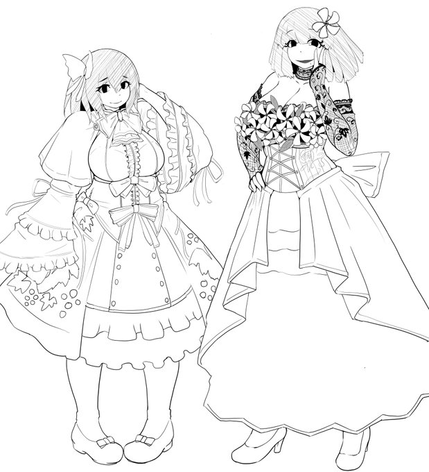 ヤンデレマザーズ下書き。身長は左150cm右170cmくらい。
モチーフは左がスグリで右はテイカカズラ。
お母さんキャラに可愛い服着せたい欲が定期的に出るので、そんな時はエロじゃなくてフリルとレースだけ描いていたいんや… 