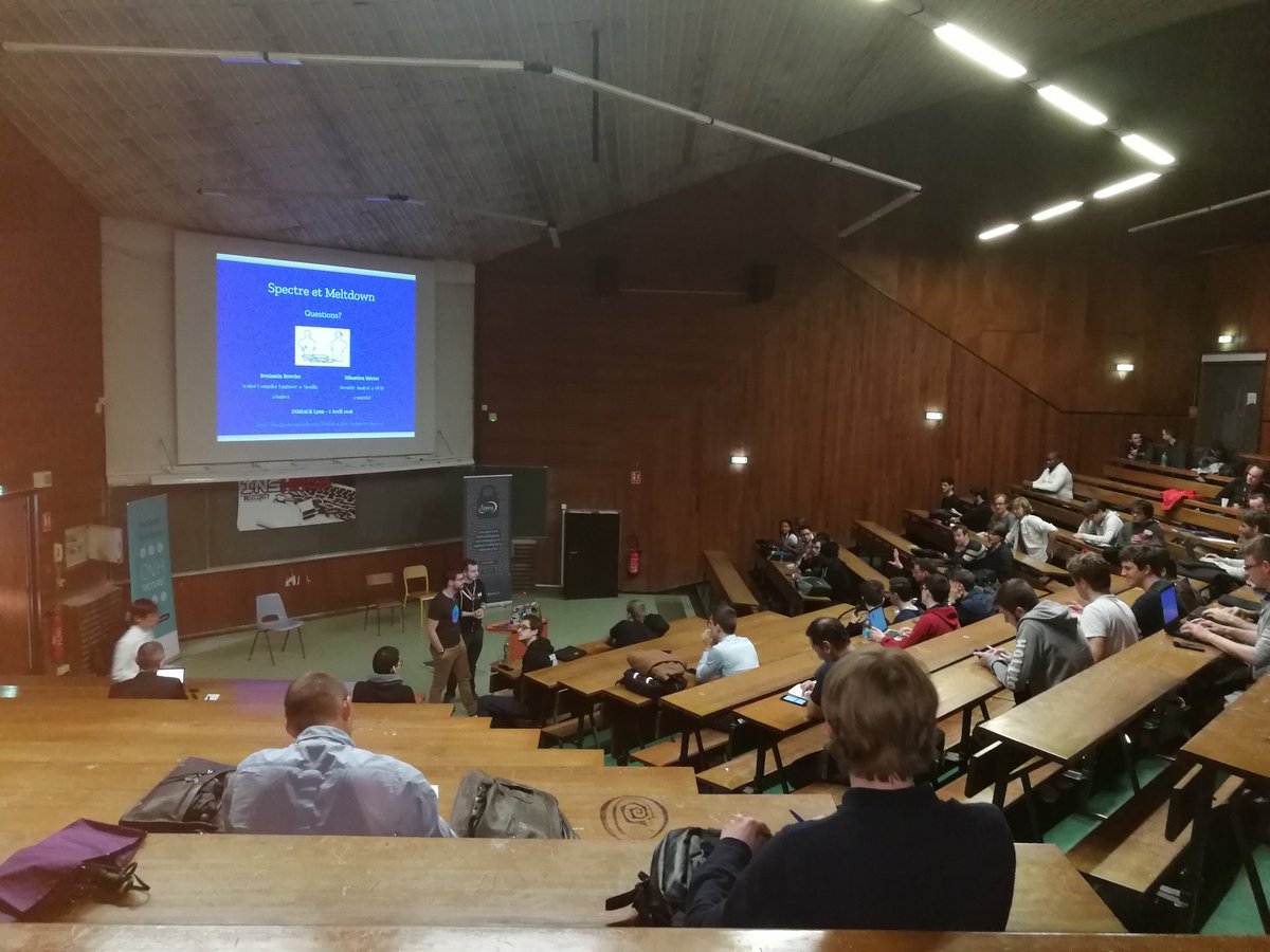 InsecurityAsso's tweet photo. La dernière conférence sur la faille Spectre Meltdown vient de se terminer. Encore merci à @bnjbvr @smeriot de @Mozilla @ovh_fr pour cette présentation ! #inshack2018 #Inshack https://t.co/0QfMoe8lXN