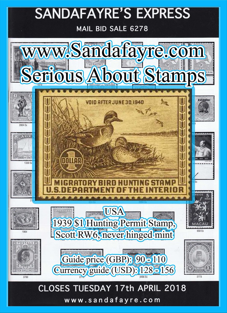 Sandafayre's tweet image. A sought after subject found in this week&apos;s sale - 1939 #USA #HuntingPermit #DuckStamp bit.ly/SandafayreSOTD… #SeriousAboutStamps #Sandafayre