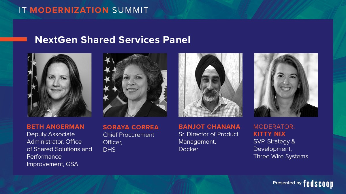 fedscoop's tweet photo. Now taking the stage for the #NextGen panel, @USGSA's Beth Angerman, @DHSgov's Soraya Correa, @Docker's @banjot &amp; @threewiresys's @kitty_nix
#ITMod18 #WomeninTech #2018TechWomen
https://t.co/Te5R60htZj https://t.co/fzvV1AE11g