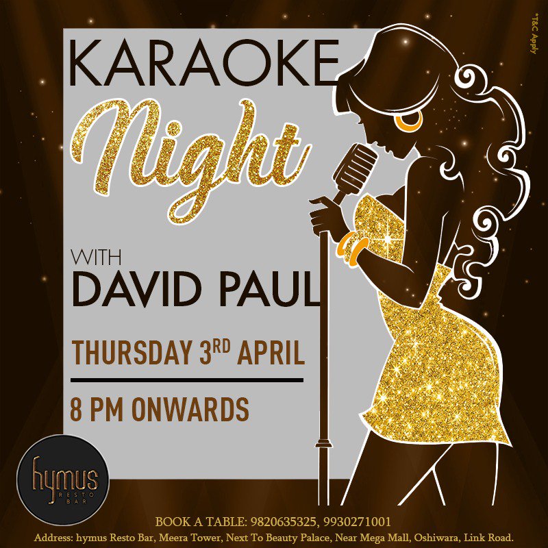 hymusrestobar's tweet photo. Wanna be the karaoke star tonight? 
Show us what you got 8 pm onwards only at hymus Resto Bar.
Reserve your tables now by calling on 9820635325, 9930271001.
.
.
#KaraokeNight #singalong #karaokelove #karaokelovers #hymusRestoBar #nighttoremember #drinks #sheesha #music #goodtimes https://t.co/5kaSwYLYi1