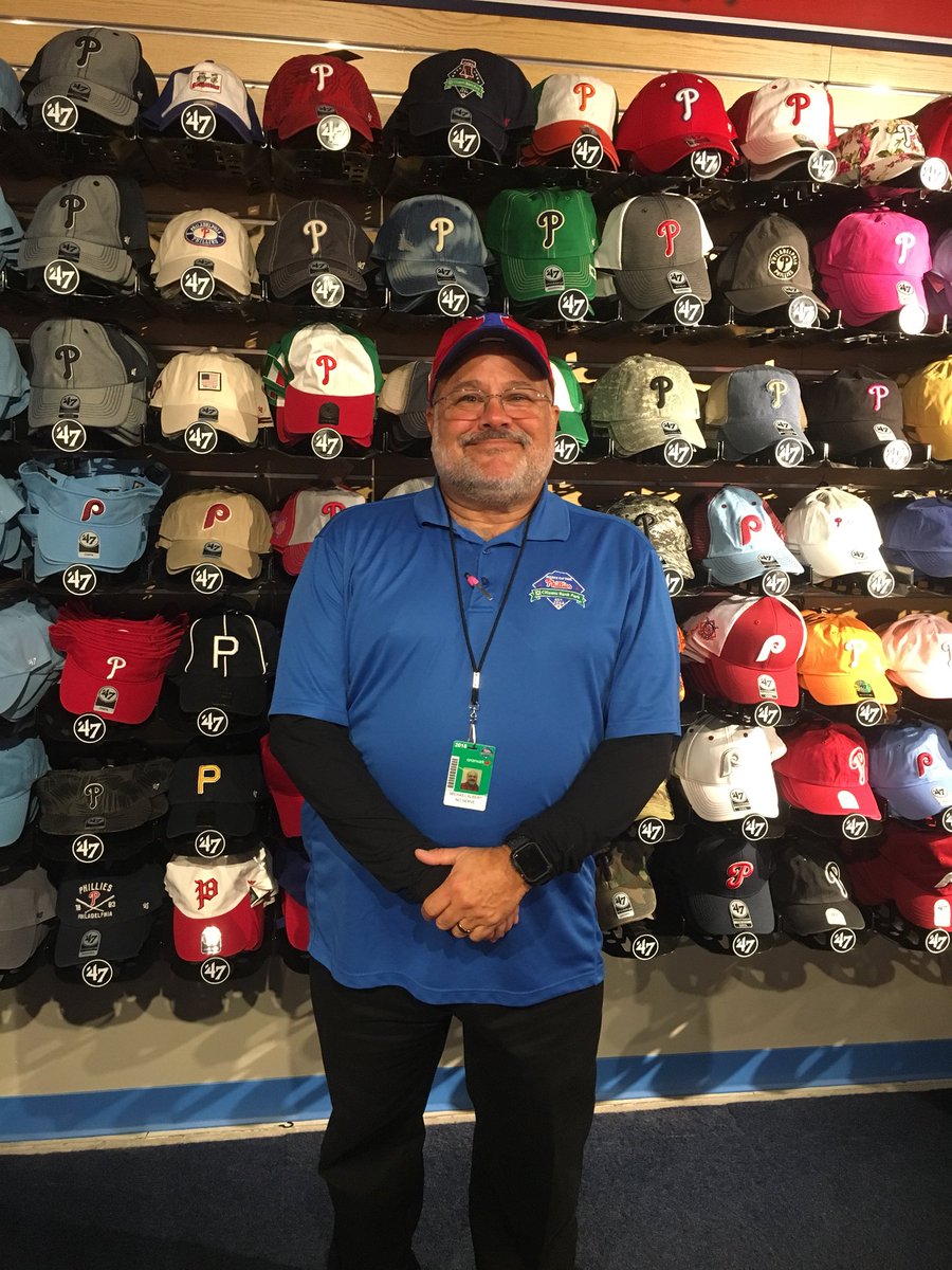 ErinNoss's tweet photo. This is Mikey Hats’ 10th season selling @phillies caps at the ballpark. Come see him in the @PhilliesMCS https://t.co/SknNtbNDvo